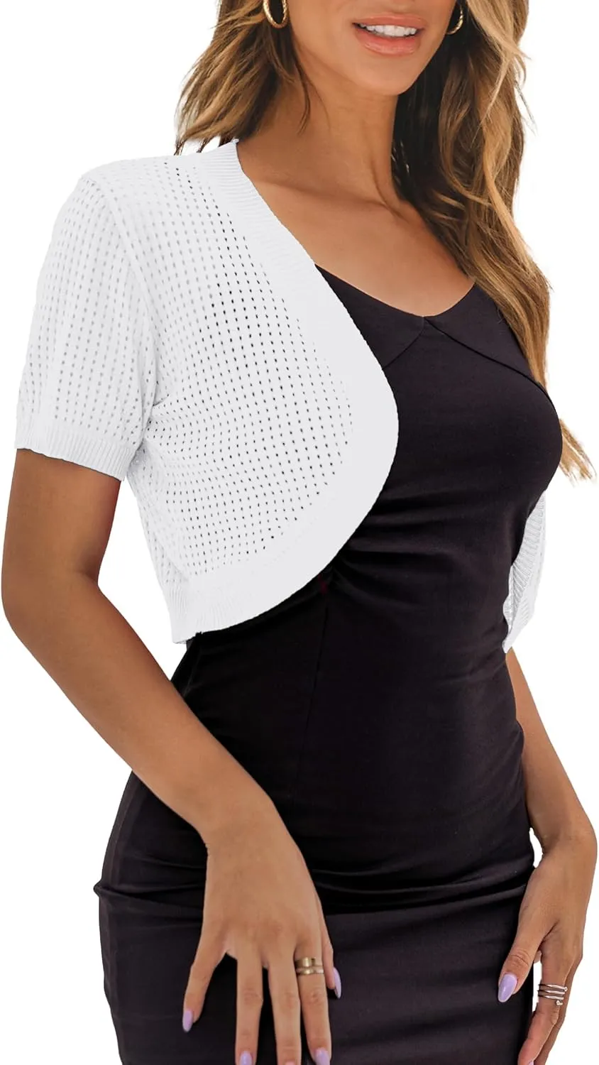 AAMILIFE Women's Short Sleeve Ligtweight Shrug Open Front Cardigan Hollow Out Sweater