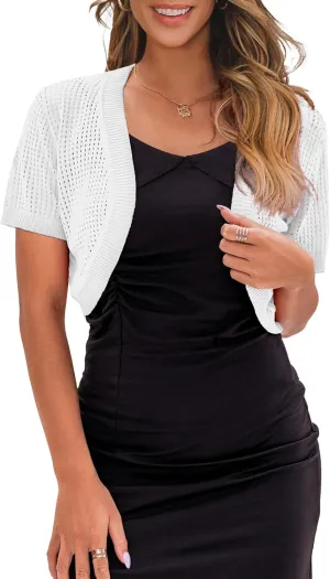 AAMILIFE Women's Short Sleeve Ligtweight Shrug Open Front Cardigan Hollow Out Sweater