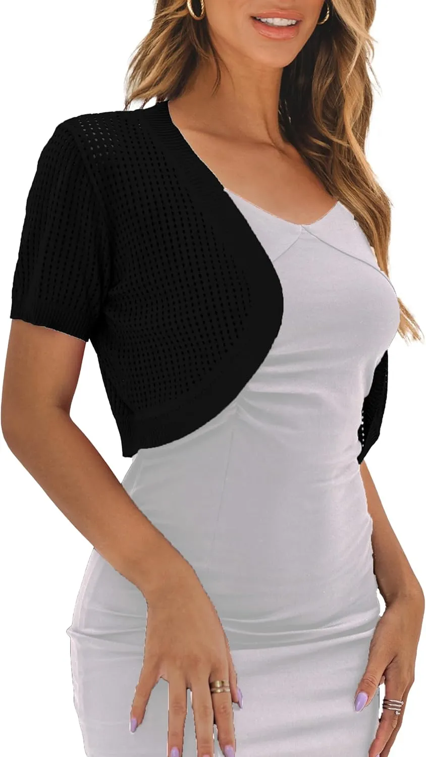 AAMILIFE Women's Short Sleeve Ligtweight Shrug Open Front Cardigan Hollow Out Sweater