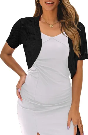 AAMILIFE Women's Short Sleeve Ligtweight Shrug Open Front Cardigan Hollow Out Sweater