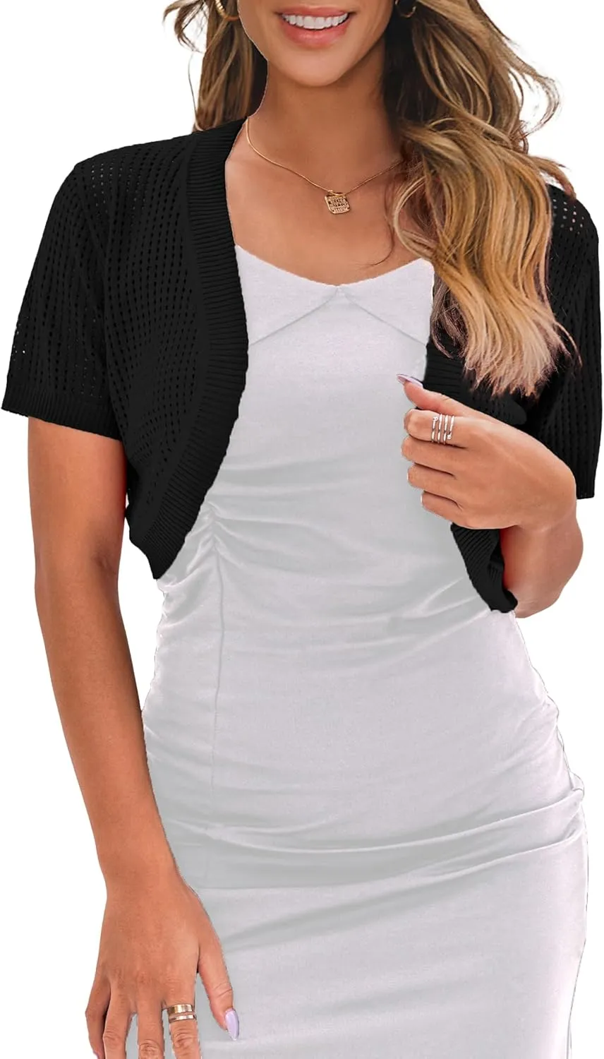 AAMILIFE Women's Short Sleeve Ligtweight Shrug Open Front Cardigan Hollow Out Sweater