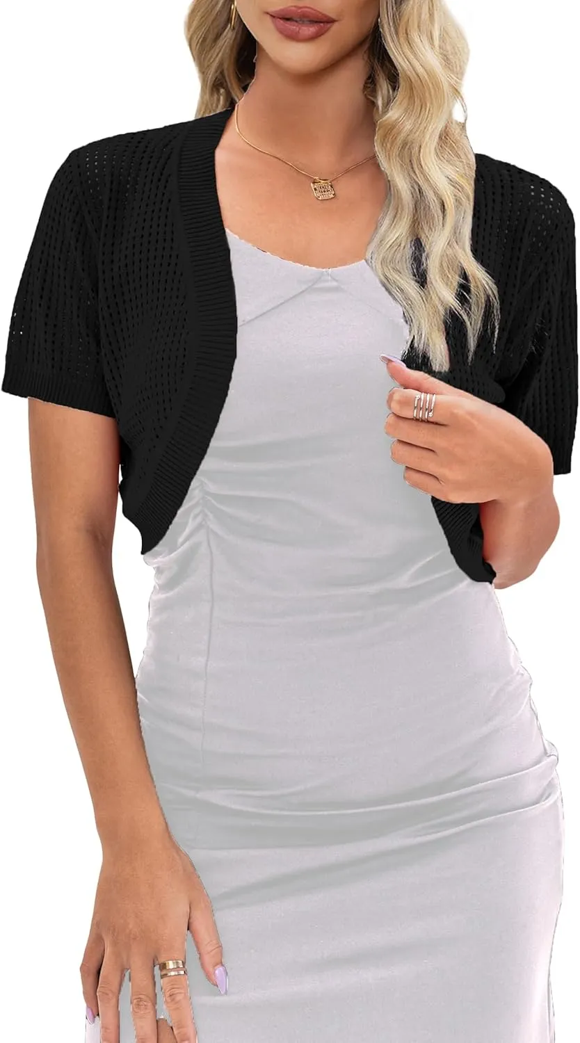 AAMILIFE Women's Short Sleeve Ligtweight Shrug Open Front Cardigan Hollow Out Sweater