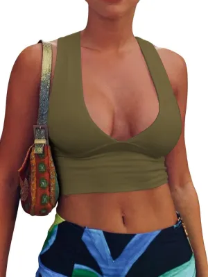 AEPEBO Sexy Crop Tops for Women Deep V Neck Back Cutout Sleeveless Plunge Racerback Tank Cropped Top