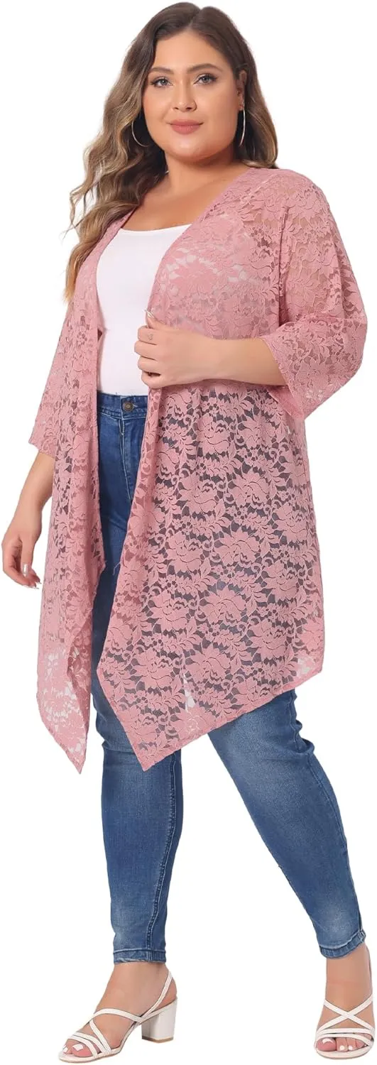Agnes Orinda Plus Size Cardigans for Women Open Front 3/4 Sleeves Crochet Cover Ups Jackets 2024