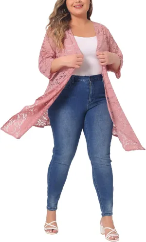 Agnes Orinda Plus Size Cardigans for Women Open Front 3/4 Sleeves Crochet Cover Ups Jackets 2024