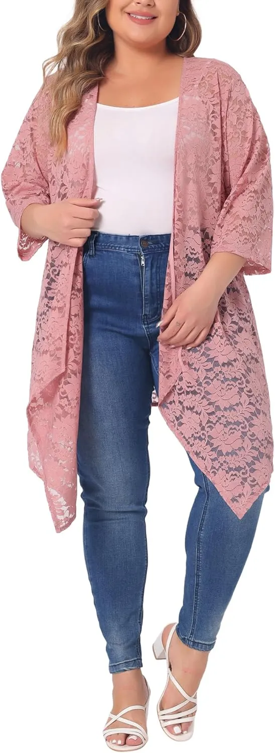 Agnes Orinda Plus Size Cardigans for Women Open Front 3/4 Sleeves Crochet Cover Ups Jackets 2024