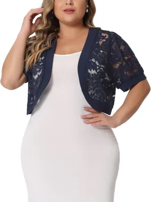 Agnes Orinda Plus Size Cropped Cardigans for Women Open Front Short Sleeve Floral Lace Sheer Bolero Shrugs for Dresses