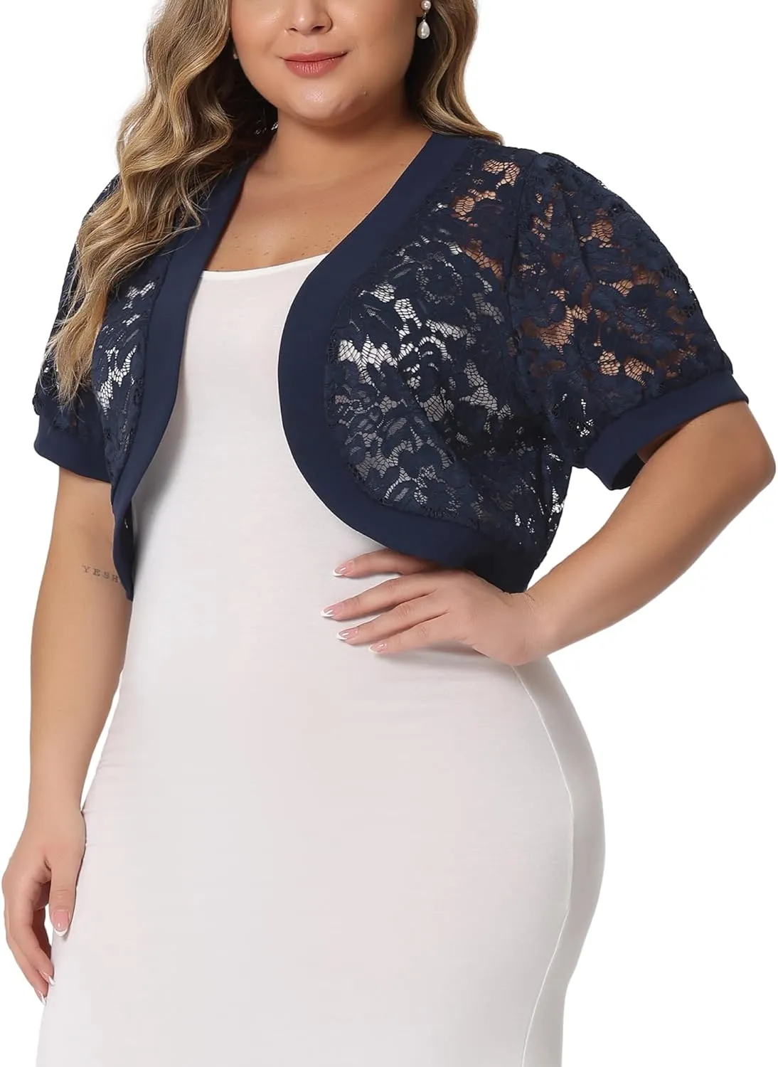 Agnes Orinda Plus Size Cropped Cardigans for Women Open Front Short Sleeve Floral Lace Sheer Bolero Shrugs for Dresses