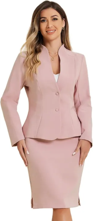 Allegra K 2 Piece Suit Skirt Set for Women's Business Formal Collarless Blazer and Pencil Skirts