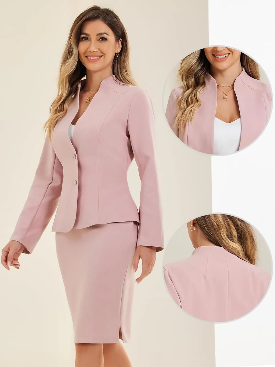 Allegra K 2 Piece Suit Skirt Set for Women's Business Formal Collarless Blazer and Pencil Skirts