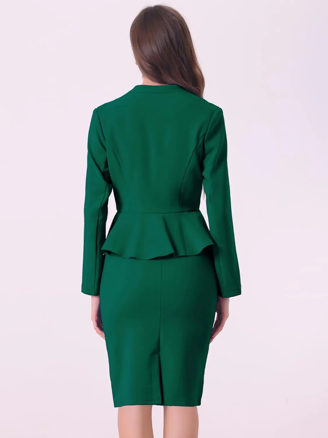 Allegra K Business Suit Sets for Women's 2 Piece Outfits Collarless Peplum Blazer Formal Pencil Skirt Suit