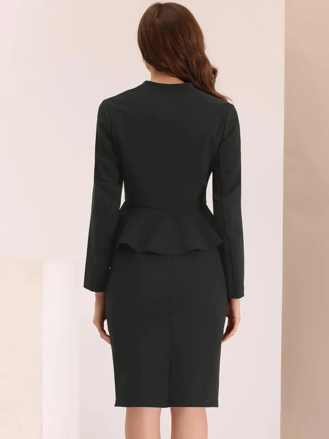 Allegra K Business Suit Sets for Women's 2 Piece Outfits Collarless Peplum Blazer Formal Pencil Skirt Suit