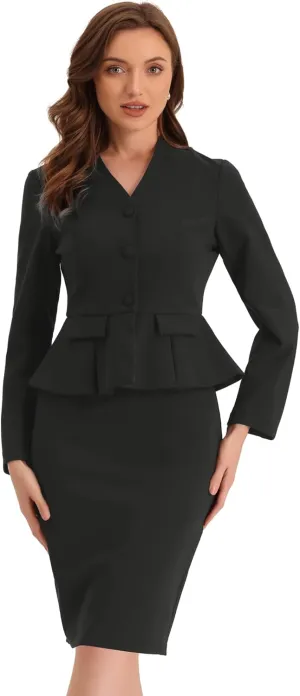 Allegra K Business Suit Sets for Women's 2 Piece Outfits Collarless Peplum Blazer Formal Pencil Skirt Suit