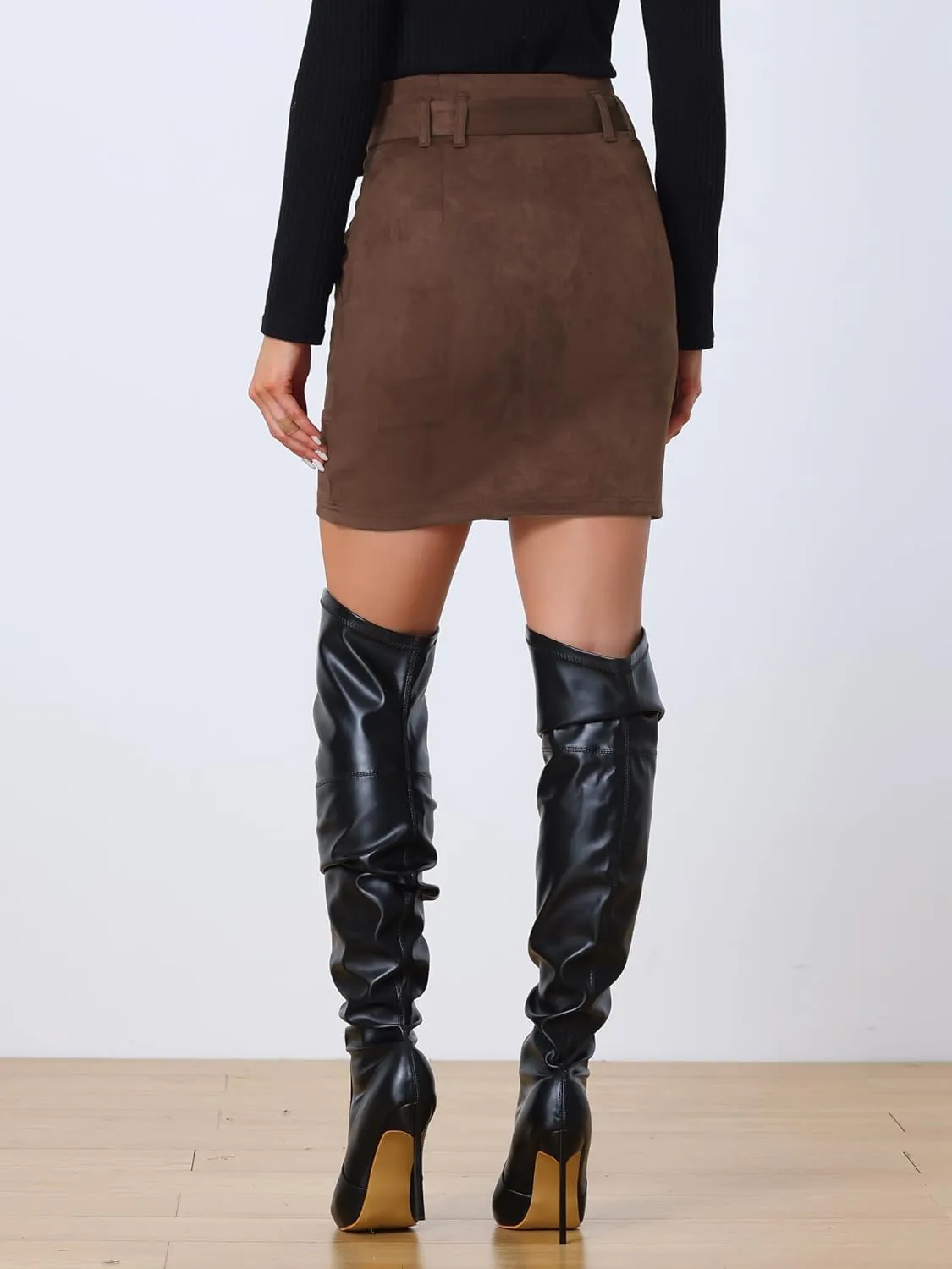 Allegra K Faux Suede Skirt for Women's High Waist Casual Belted Pencil Skirts
