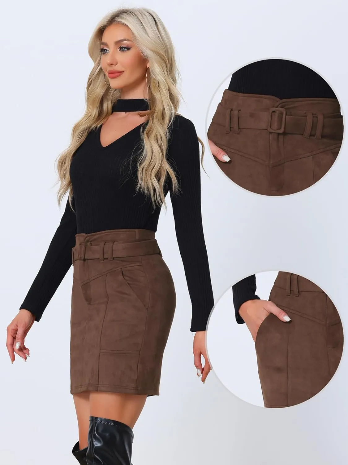 Allegra K Faux Suede Skirt for Women's High Waist Casual Belted Pencil Skirts