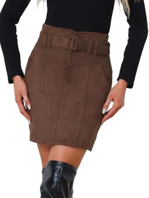 Allegra K Faux Suede Skirt for Women's High Waist Casual Belted Pencil Skirts