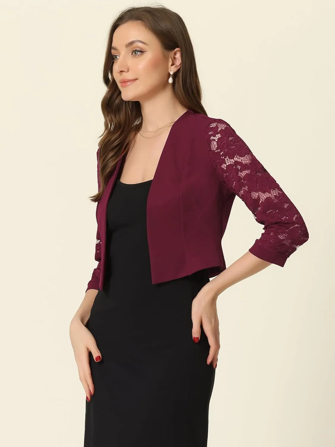 Allegra K Lace Shrug Tops for Women's 3/4 Sleeve Open Front Work Office Cropped Sheer Cardigan Formal Bolero