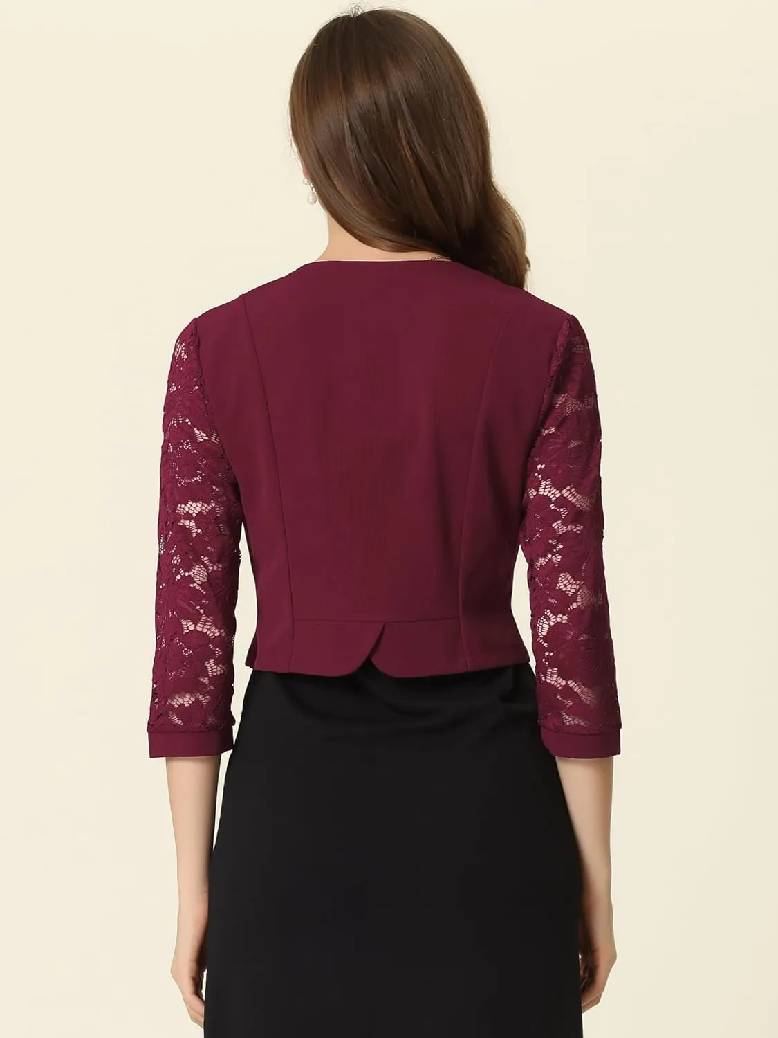 Allegra K Lace Shrug Tops for Women's 3/4 Sleeve Open Front Work Office Cropped Sheer Cardigan Formal Bolero