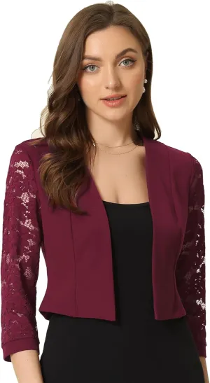 Allegra K Lace Shrug Tops for Women's 3/4 Sleeve Open Front Work Office Cropped Sheer Cardigan Formal Bolero