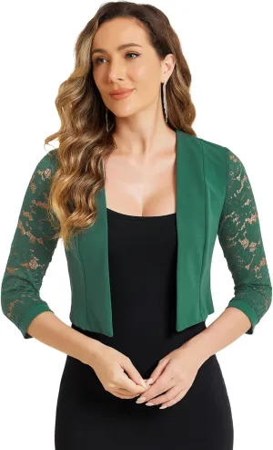 Allegra K Lace Shrug Tops for Women's 3/4 Sleeve Open Front Work Office Cropped Sheer Cardigan Formal Bolero
