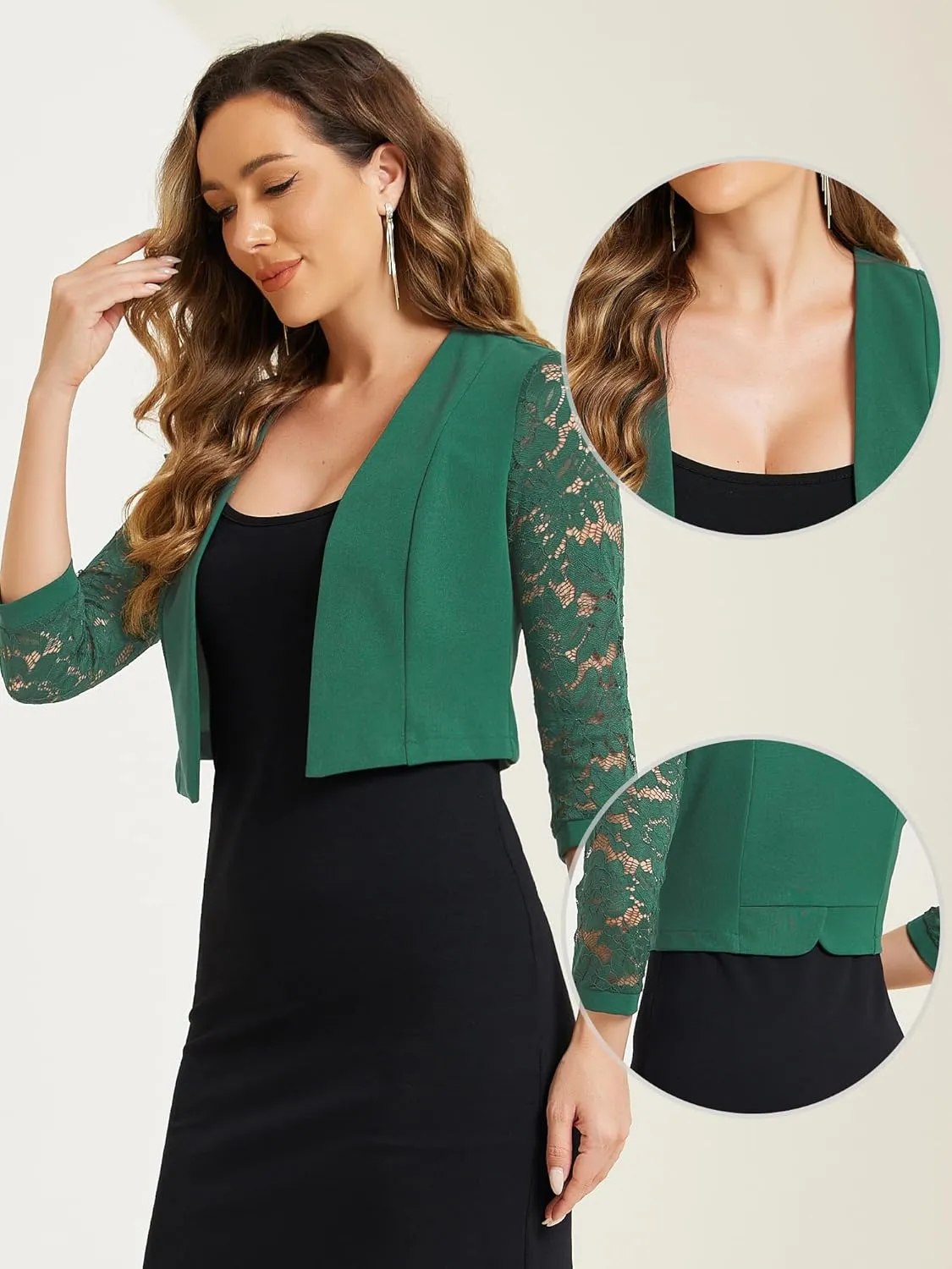 Allegra K Lace Shrug Tops for Women's 3/4 Sleeve Open Front Work Office Cropped Sheer Cardigan Formal Bolero