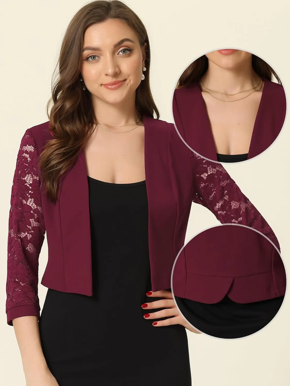 Allegra K Lace Shrug Tops for Women's 3/4 Sleeve Open Front Work Office Cropped Sheer Cardigan Formal Bolero