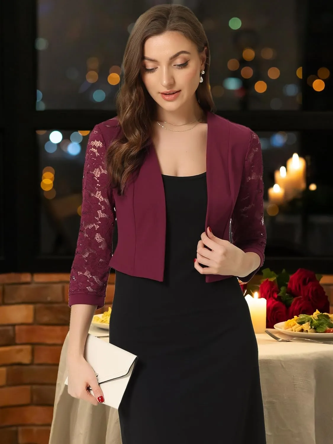 Allegra K Lace Shrug Tops for Women's 3/4 Sleeve Open Front Work Office Cropped Sheer Cardigan Formal Bolero