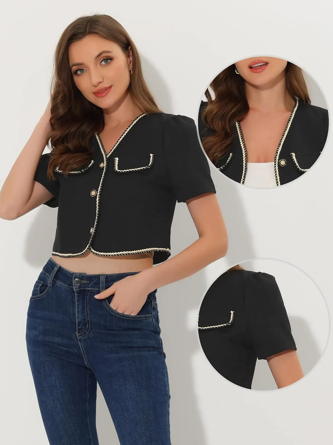 Allegra K Tweed Jacket for Women's Cropped Collarless Contrast Trim Short Sleeve Blazer