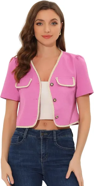 Allegra K Tweed Jacket for Women's Cropped Collarless Contrast Trim Short Sleeve Blazer