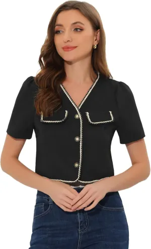 Allegra K Tweed Jacket for Women's Cropped Collarless Contrast Trim Short Sleeve Blazer