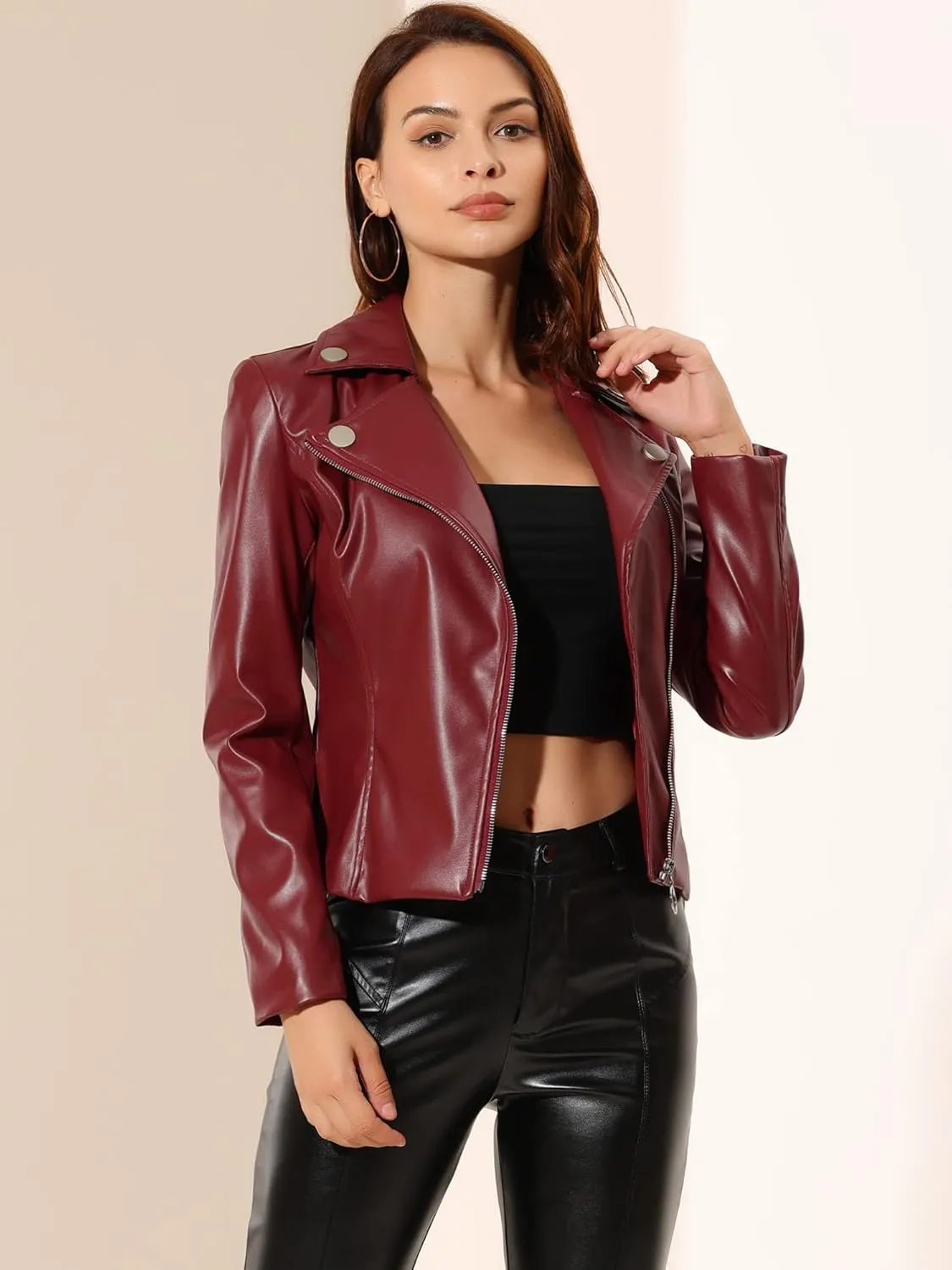 Allegra K Women's Moto Biker Zipper Long Sleeve PU Faux Leather Jacket