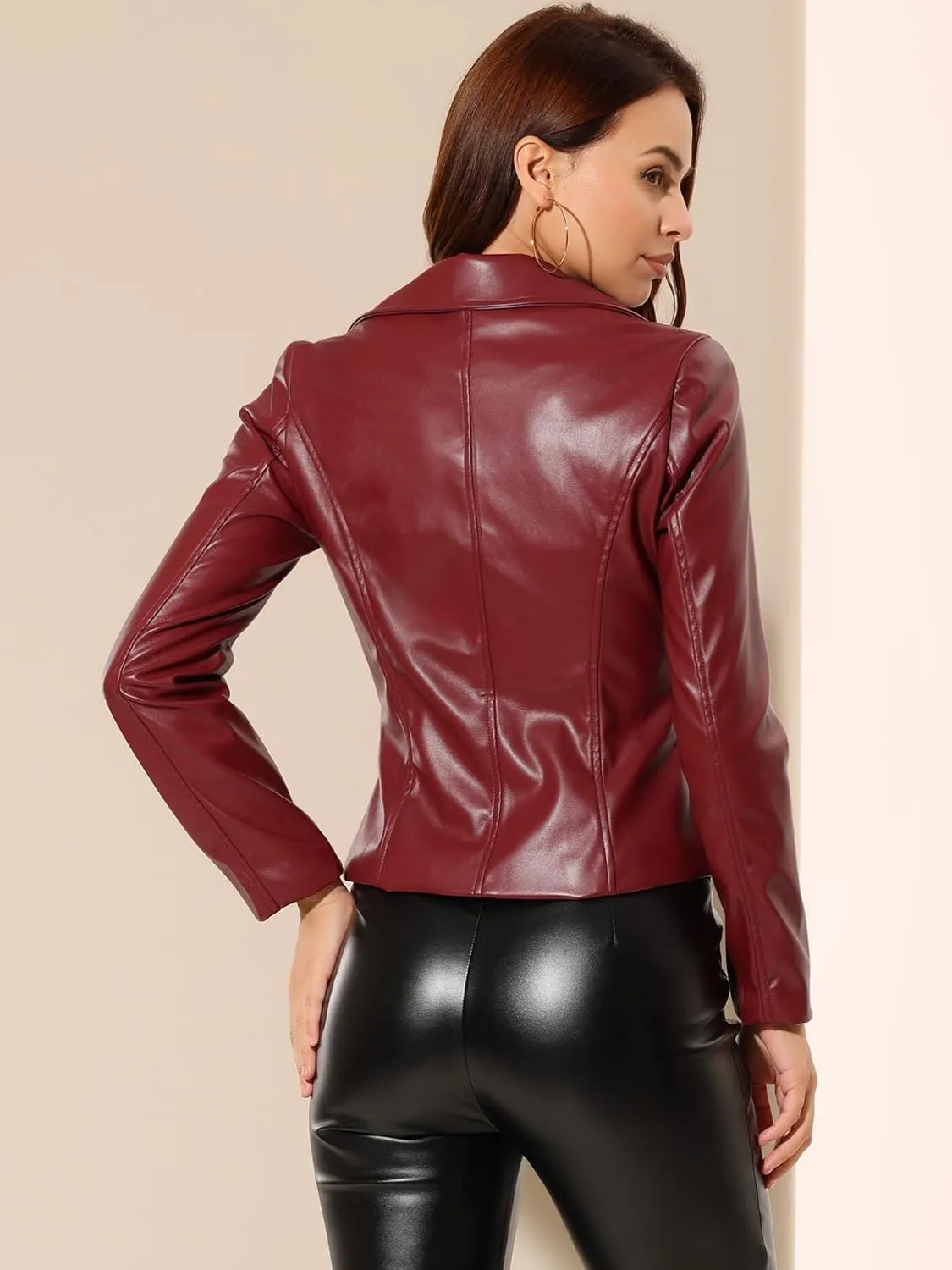 Allegra K Women's Moto Biker Zipper Long Sleeve PU Faux Leather Jacket