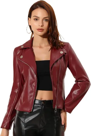 Allegra K Women's Moto Biker Zipper Long Sleeve PU Faux Leather Jacket