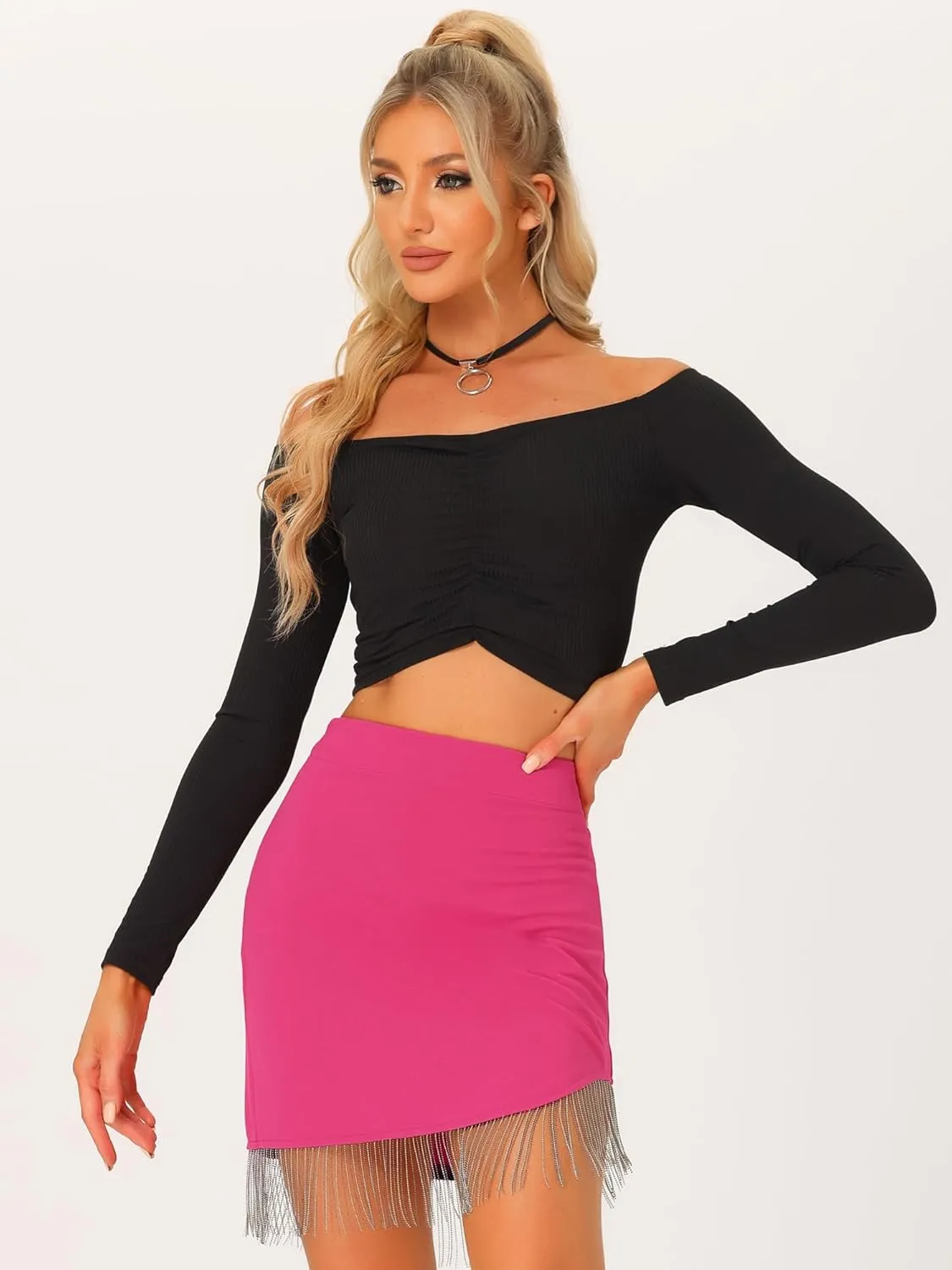 Allegra K Women's Rhinestone Fringe Trim Bodycon Skirt High Waisted Asymmetrical Hem Party Skirts