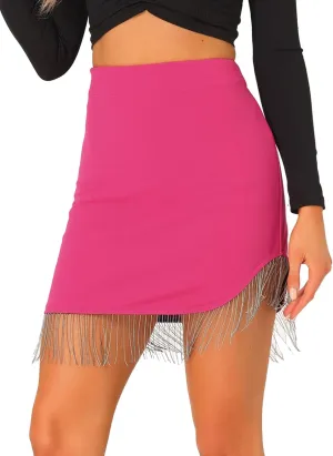 Allegra K Women's Rhinestone Fringe Trim Bodycon Skirt High Waisted Asymmetrical Hem Party Skirts