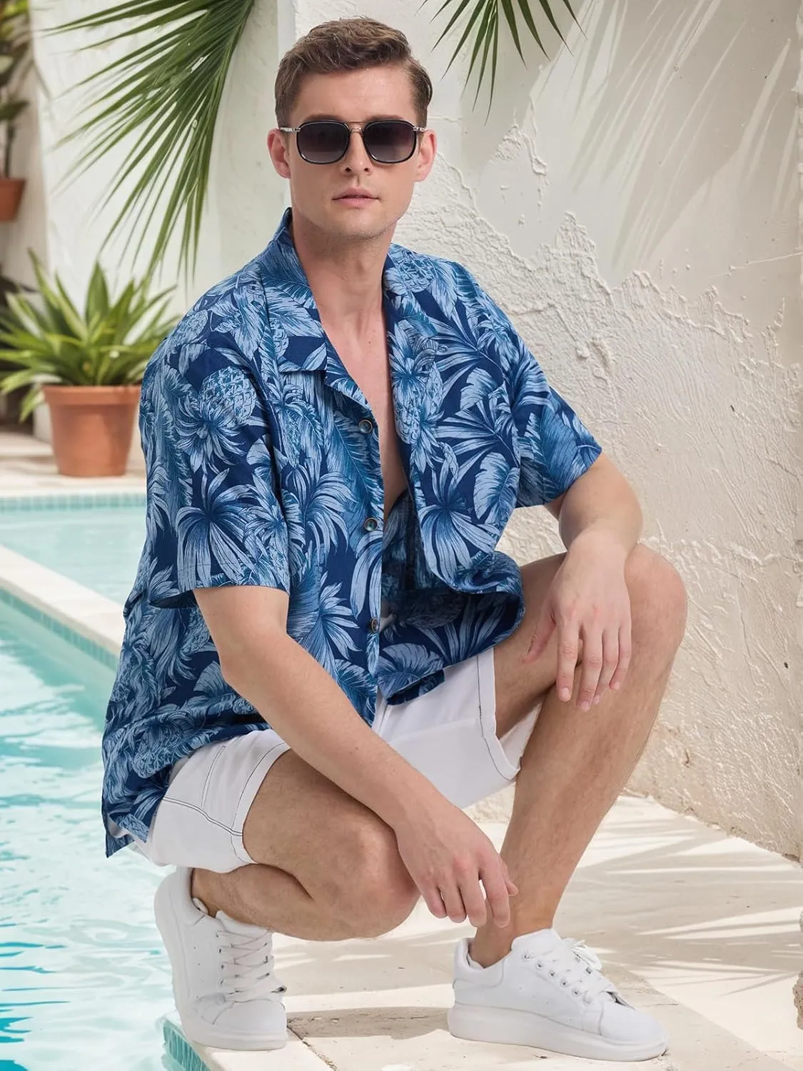 ALLOVIN Men’s Linen & Tencel Lyocell Hawaiian Shirt – Loose Fit Floral Button Down for Beach, Holiday & Summer Casual
