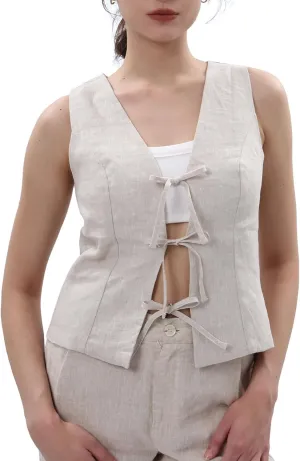 Amazhiyu Women's 100% Linen Tie Front Crop Tops Sleeveless Summer Casual Vest