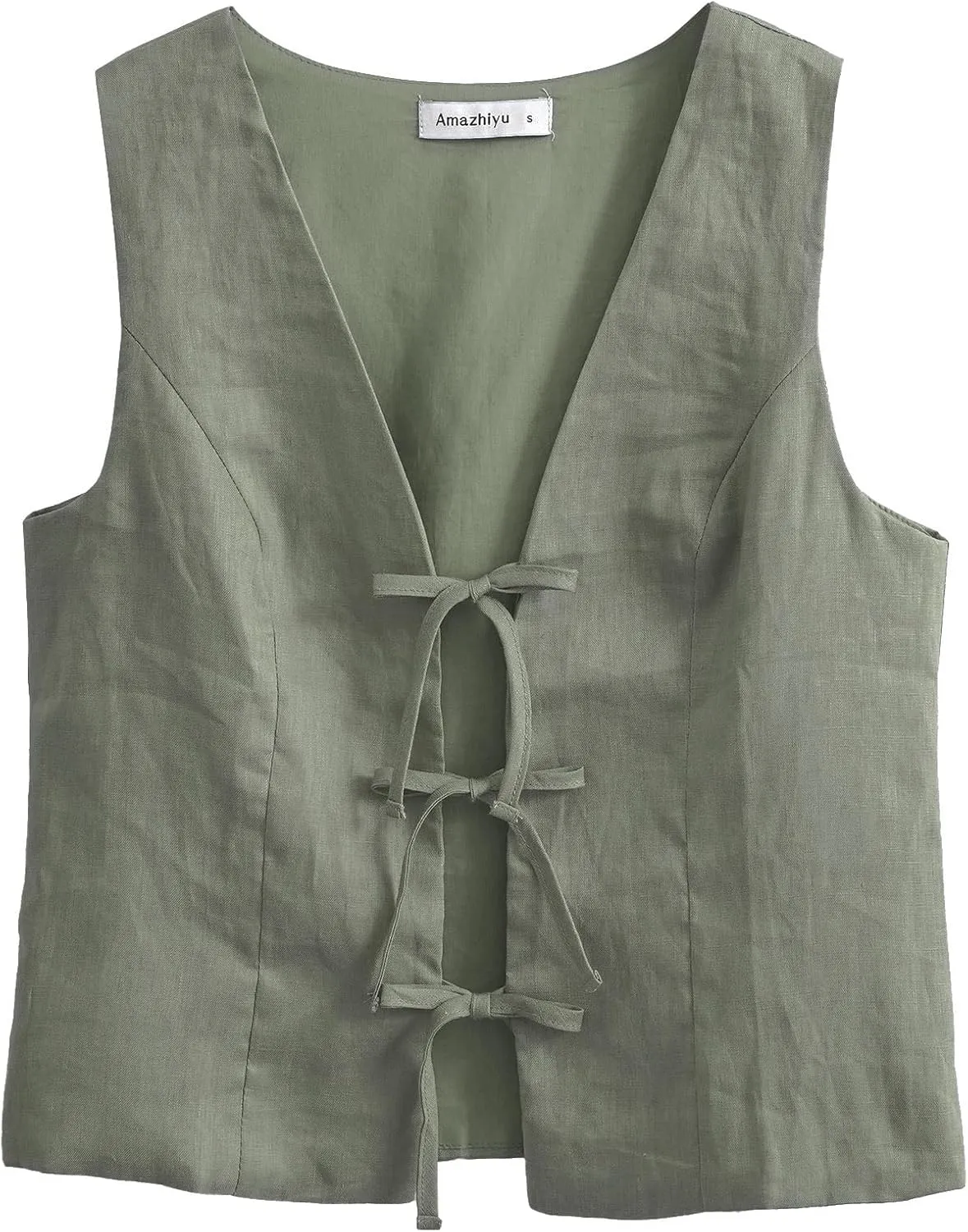 Amazhiyu Women's 100% Linen Tie Front Crop Tops Sleeveless Summer Casual Vest