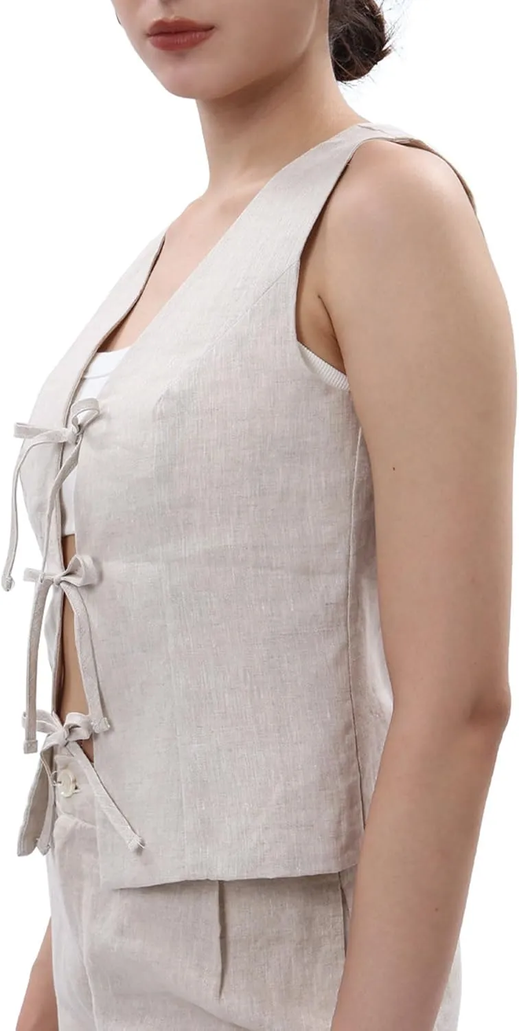 Amazhiyu Women's 100% Linen Tie Front Crop Tops Sleeveless Summer Casual Vest