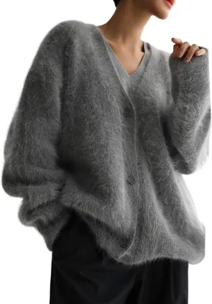 Arssm Womens Furry Cardigan Sweater Long Sleeve Cardigans Button Down V Neck Fluffy Knit Top Fashion 2024 Knitwear(Grey-M), Medium