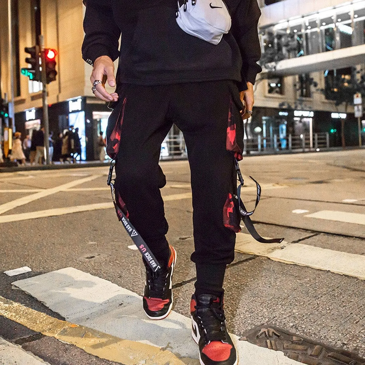 Astellarie Mens Punk Cargo Pants Hip-hop Jogger Patchwork Popular Baggy Teachwear Pants