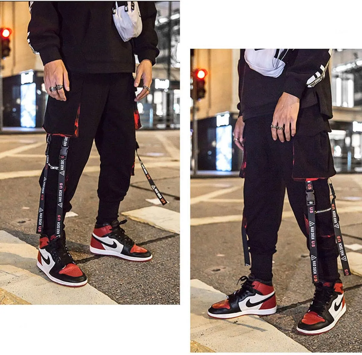 Astellarie Mens Punk Cargo Pants Hip-hop Jogger Patchwork Popular Baggy Teachwear Pants
