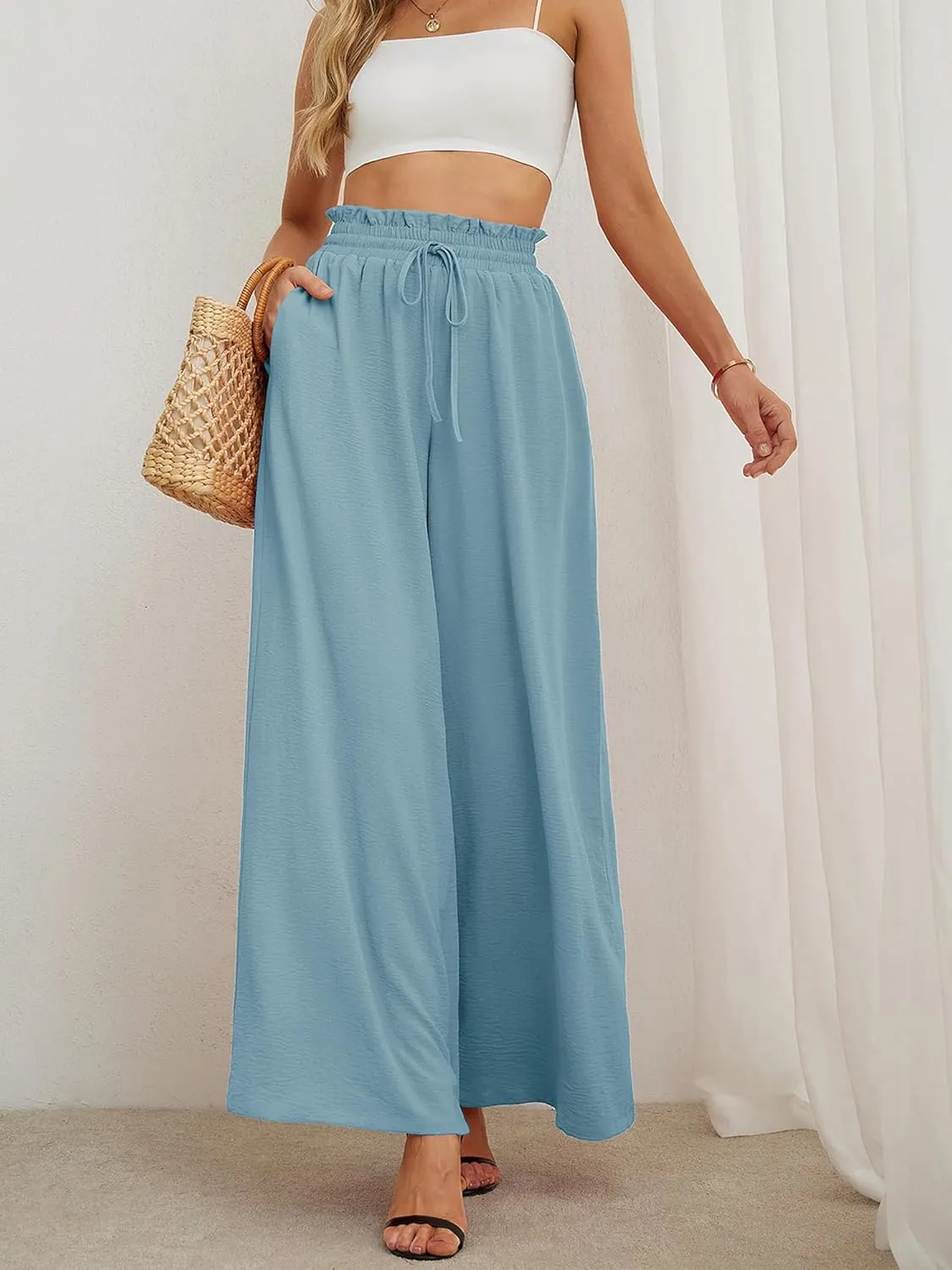 AusLook Women's Wide Leg Dress Pants with Pockets Lightweight High Waisted Adjustable Tie Knot Loose Lounge Trousers