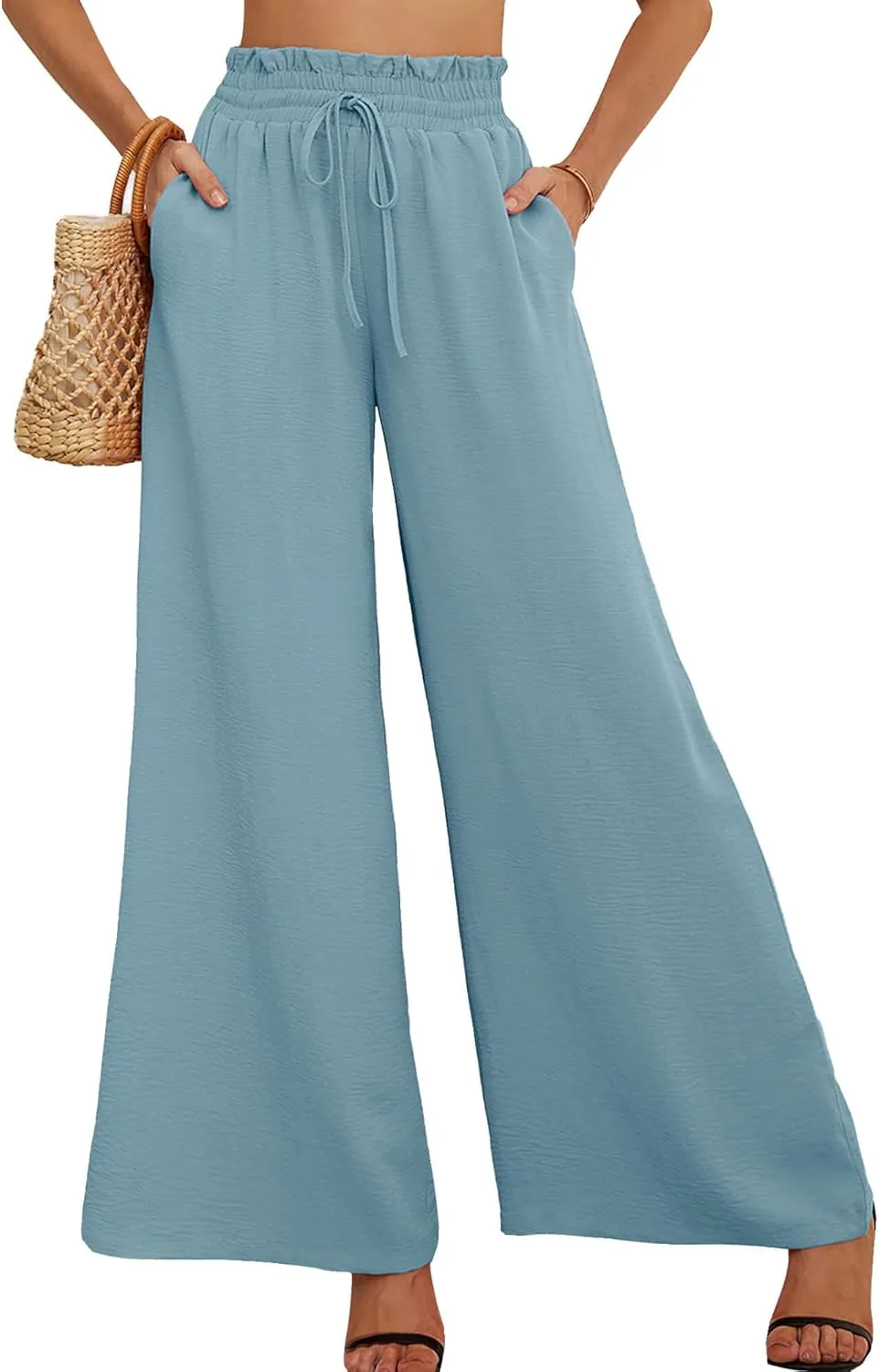 AusLook Women's Wide Leg Dress Pants with Pockets Lightweight High Waisted Adjustable Tie Knot Loose Lounge Trousers