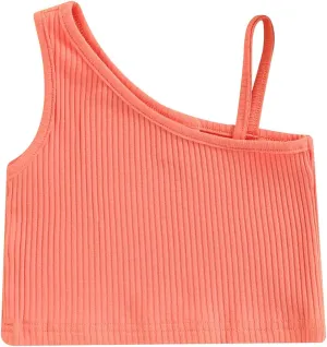 Baby Girls Ribbed Tank Crop Tops, Solid Color One Shoulder Sleeveless Cami Vest Skinny Fit Summer Clothing 2-7 Years