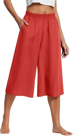 Baggy Linen Pants Women Plus Size High Waisted Wide Leg Lounge Pants with Pockets Cotton Vacation Beach Pants Capris