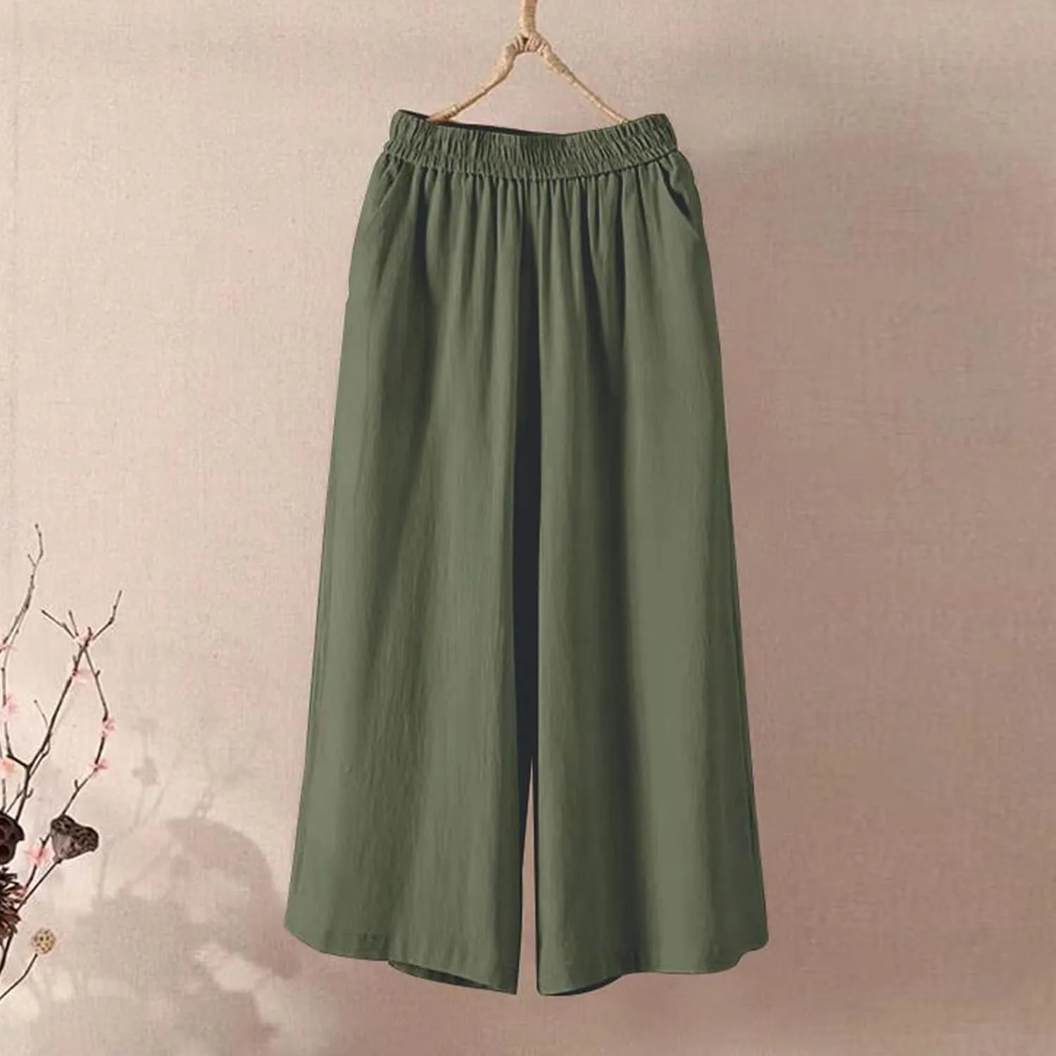 Baggy Linen Pants Women Plus Size High Waisted Wide Leg Lounge Pants with Pockets Cotton Vacation Beach Pants Capris