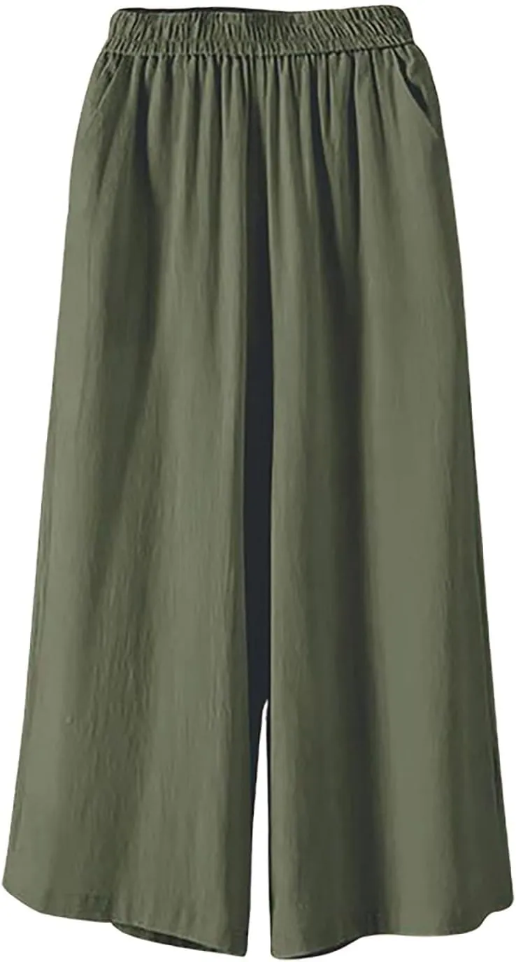 Baggy Linen Pants Women Plus Size High Waisted Wide Leg Lounge Pants with Pockets Cotton Vacation Beach Pants Capris