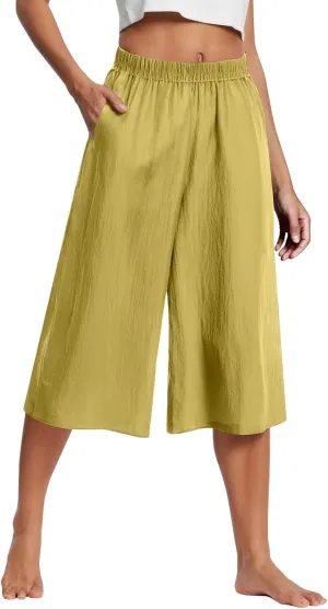 Baggy Linen Pants Women Plus Size High Waisted Wide Leg Lounge Pants with Pockets Cotton Vacation Beach Pants Capris
