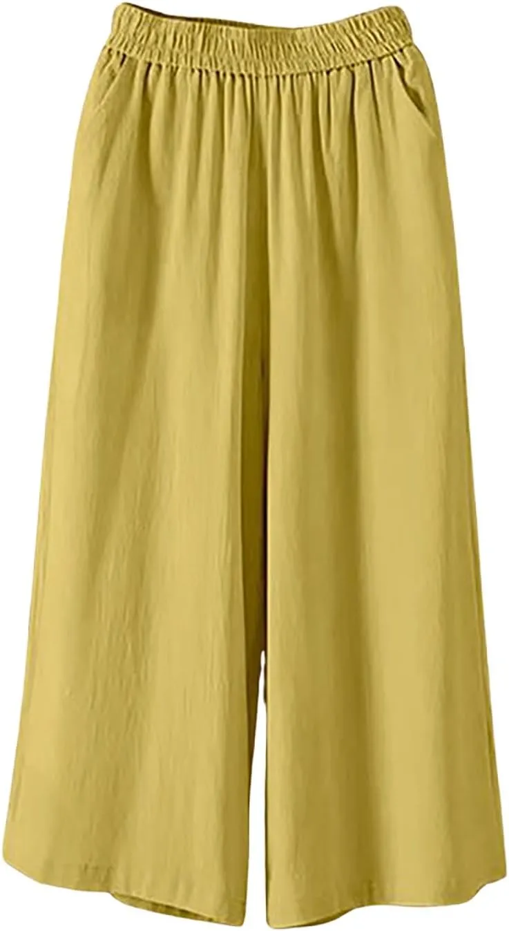 Baggy Linen Pants Women Plus Size High Waisted Wide Leg Lounge Pants with Pockets Cotton Vacation Beach Pants Capris